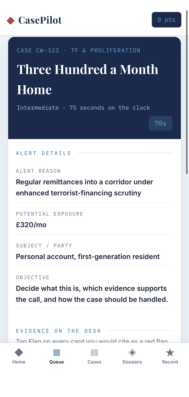 A CasePilot investigation screen showing a terrorist-financing case with alert details and evidence