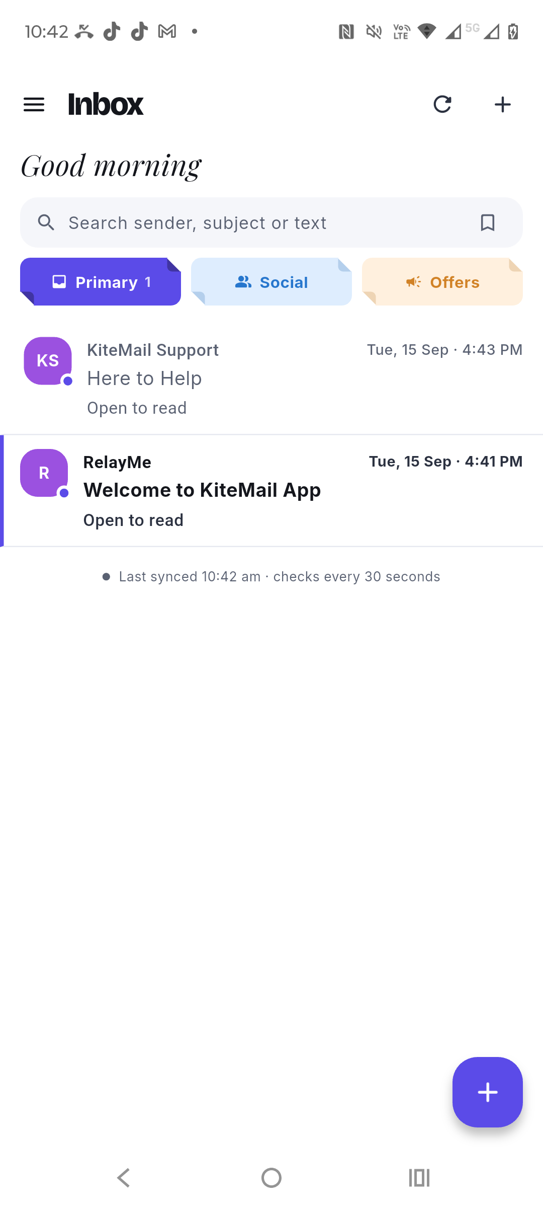 KiteMail inbox showing Primary, Social and Offers categories