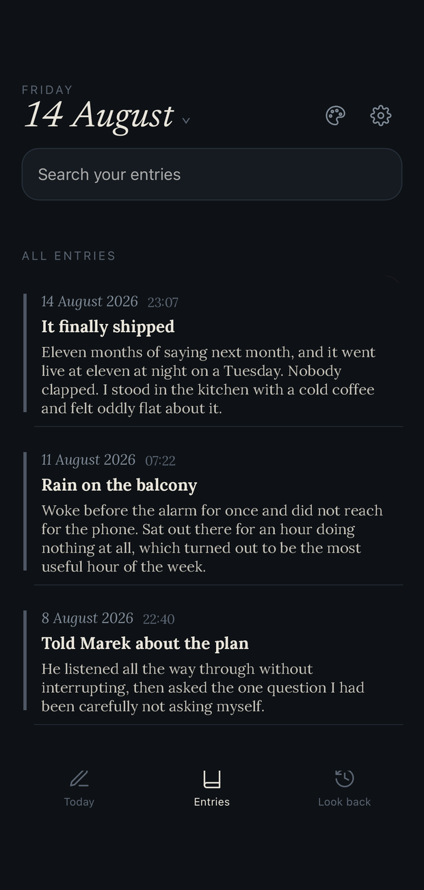 The Nightink entries list showing three diary entries
