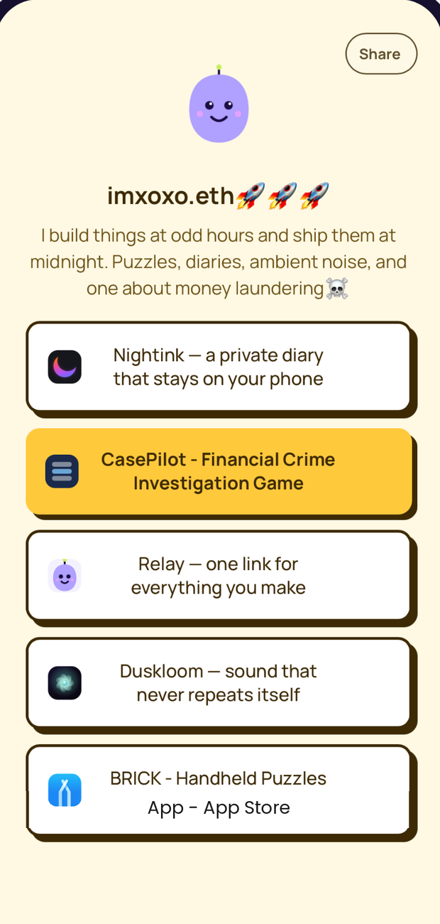 A live Relay link-in-bio page listing five apps
